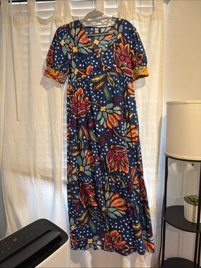 Tabitha Brown Target Dress Women 8 Blue Floral Maxi Pockets Boho Ruffle Tropical